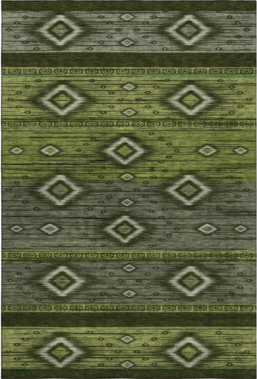Artichoke Green And Gray Tribal Washable Area Rug With UV Protection Photo 1