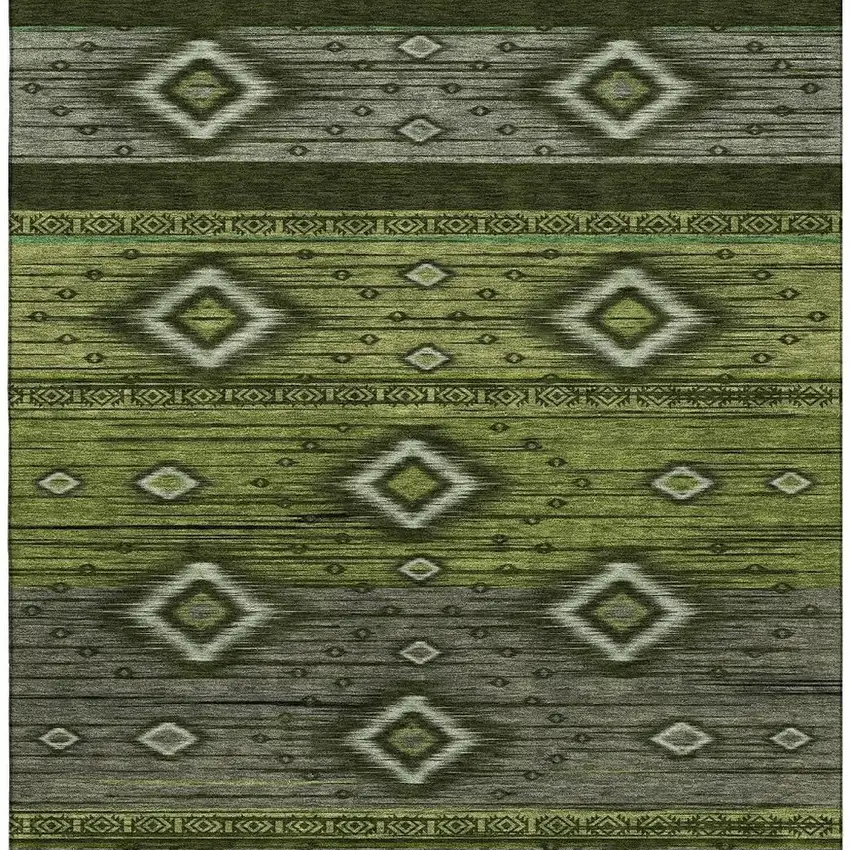 Artichoke Green And Gray Tribal Washable Area Rug With UV Protection Photo 3