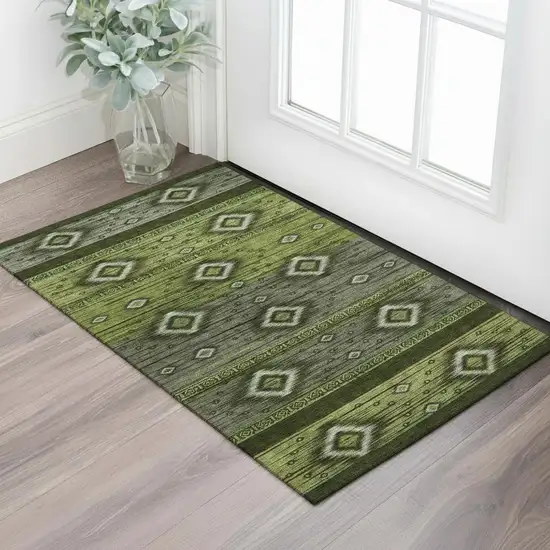 Artichoke Green And Gray Tribal Washable Area Rug With UV Protection Photo 2
