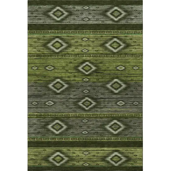 Artichoke Green And Gray Tribal Washable Area Rug With UV Protection Photo 4