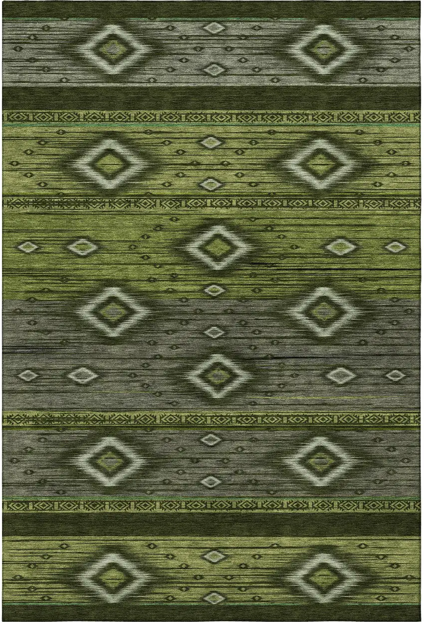 Artichoke Green And Gray Tribal Washable Area Rug With UV Protection Photo 4