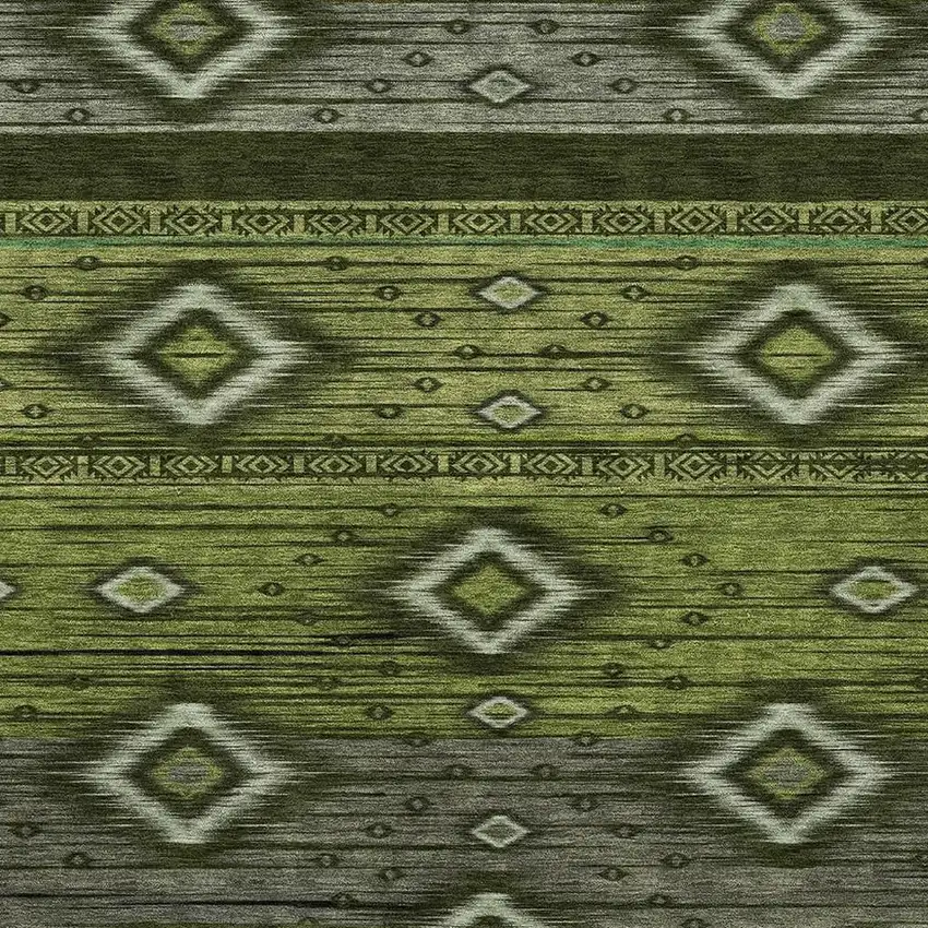 Artichoke Green And Gray Tribal Washable Area Rug With UV Protection Photo 3