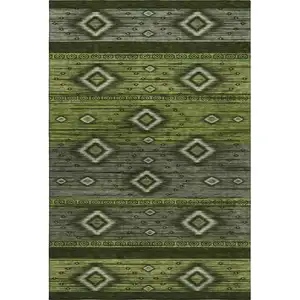 Photo of Artichoke Green And Gray Tribal Washable Area Rug With UV Protection