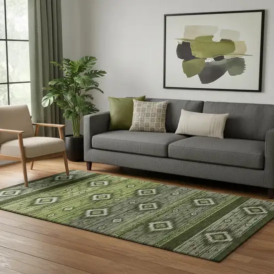 Artichoke Green And Gray Tribal Washable Area Rug With UV Protection Photo 2
