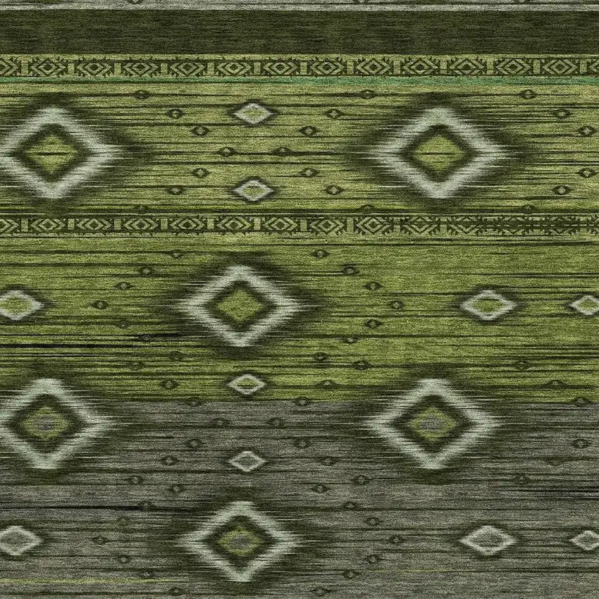 Artichoke Green And Gray Tribal Washable Area Rug With UV Protection Photo 3
