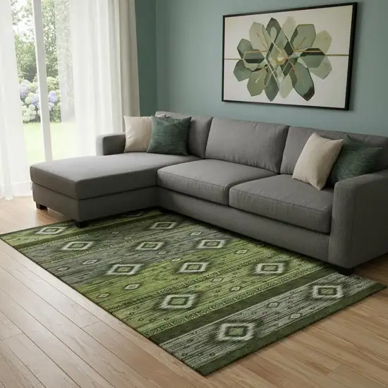 Artichoke Green And Gray Tribal Washable Area Rug With UV Protection Photo 2