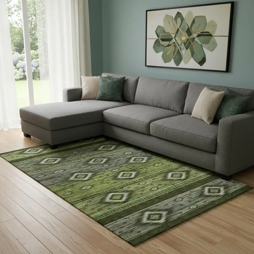 Artichoke Green And Gray Tribal Washable Area Rug With UV Protection Photo 2
