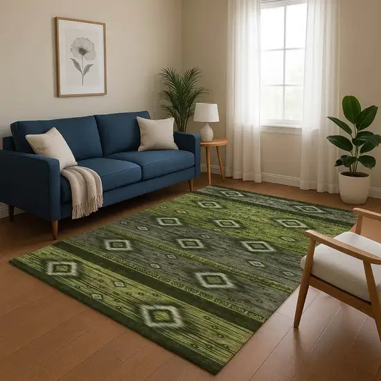 Artichoke Green And Gray Tribal Washable Area Rug With UV Protection Photo 5