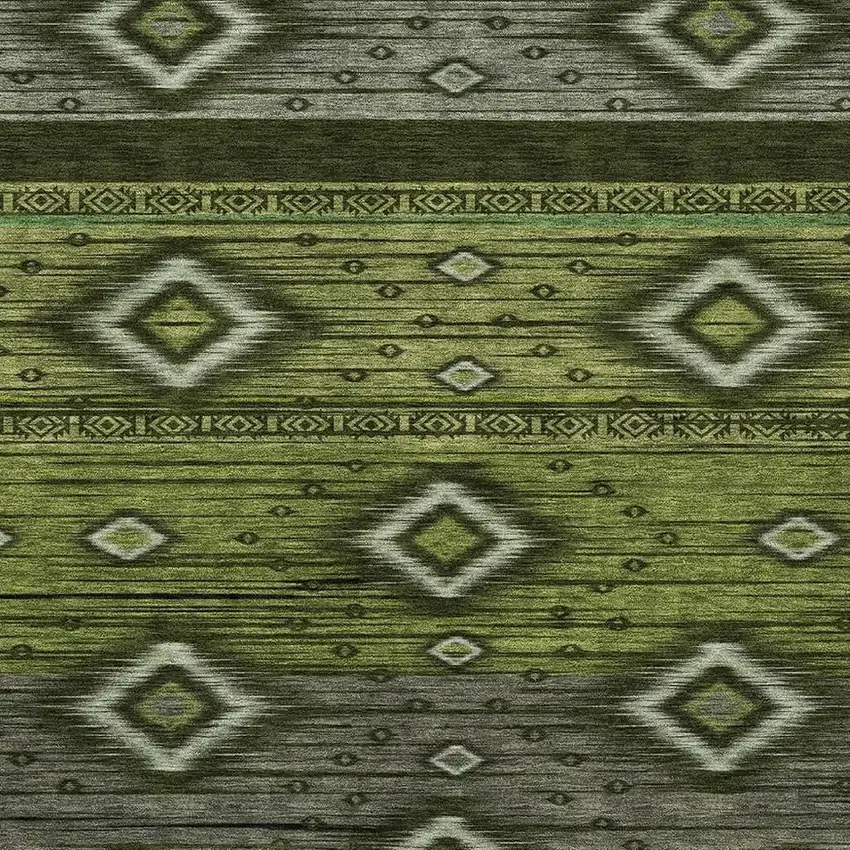Artichoke Green And Gray Tribal Washable Area Rug With UV Protection Photo 3
