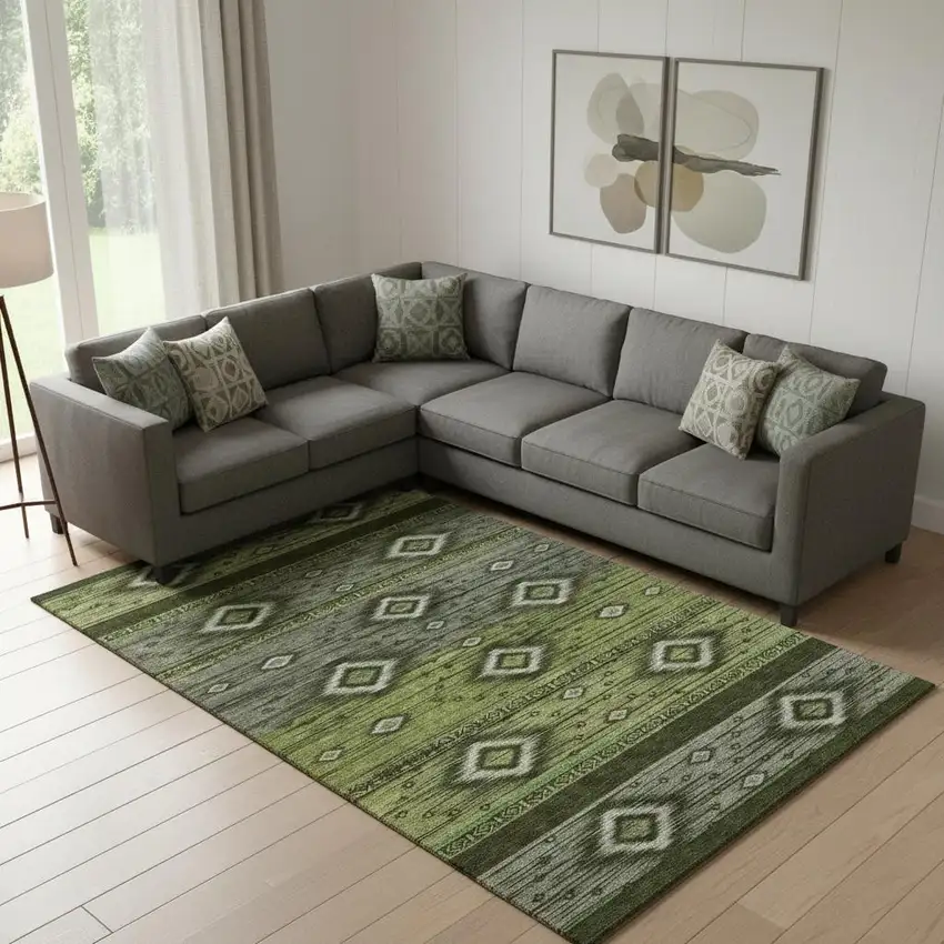 Artichoke Green And Gray Tribal Washable Area Rug With UV Protection Photo 2