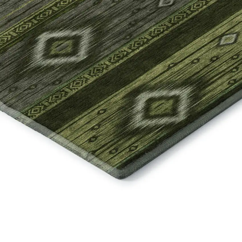 Artichoke Green And Gray Tribal Washable Area Rug With UV Protection Photo 8
