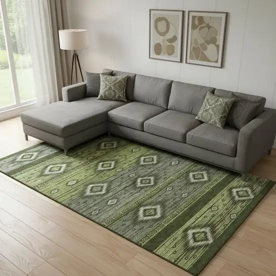 Artichoke Green And Gray Tribal Washable Area Rug With UV Protection Photo 2
