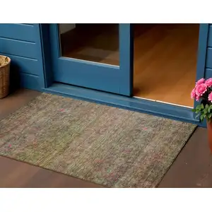 Photo of Artichoke Green And Hot Pink Floral Washable Indoor Outdoor Area Rug