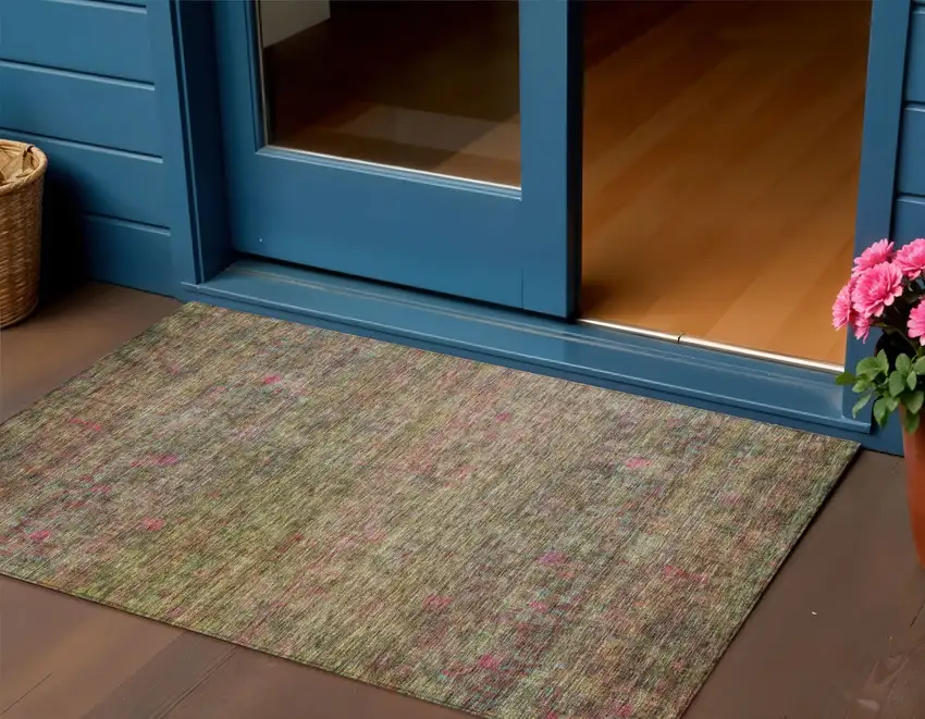 Artichoke Green And Hot Pink Floral Washable Indoor Outdoor Area Rug Photo 1
