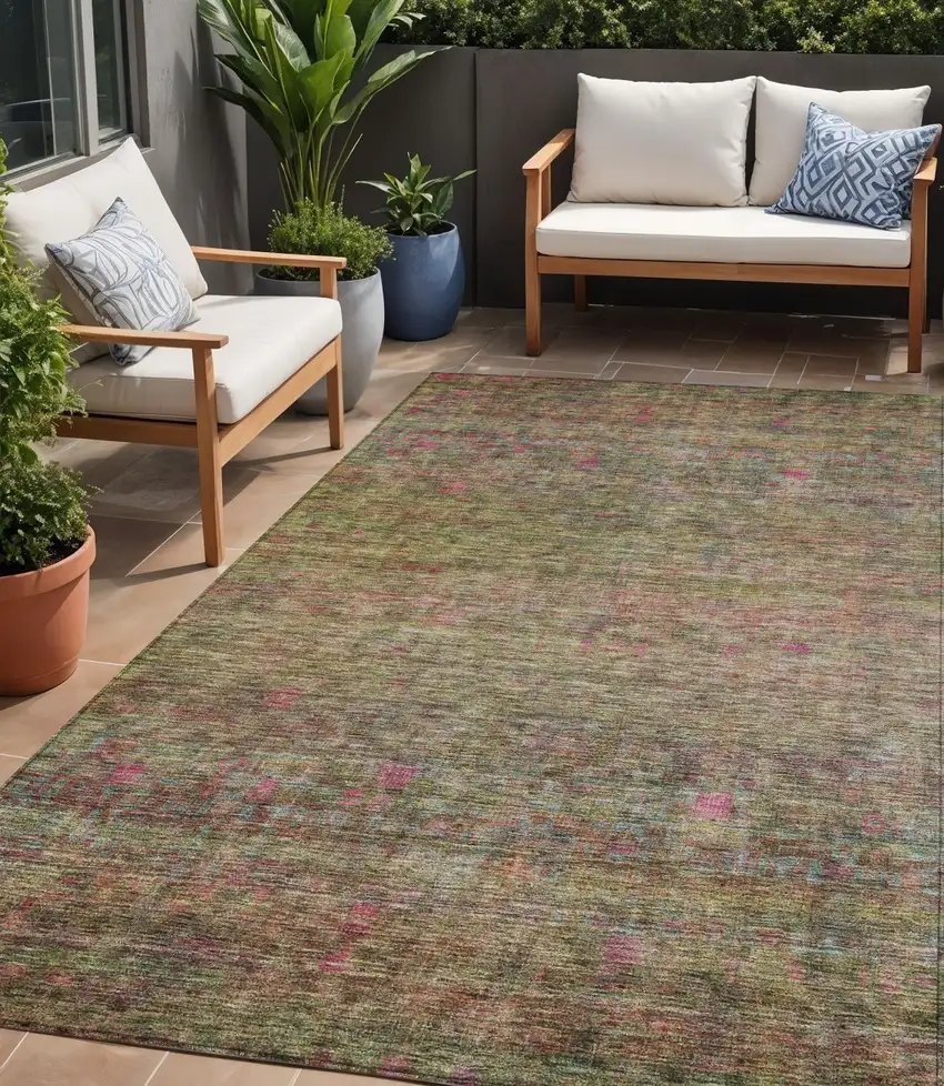 Artichoke Green And Hot Pink Floral Washable Indoor Outdoor Area Rug Photo 1