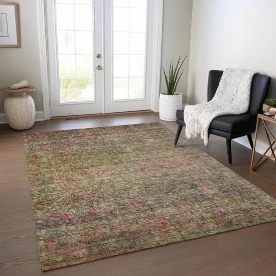 Artichoke Green And Hot Pink Floral Washable Indoor Outdoor Area Rug Photo 6
