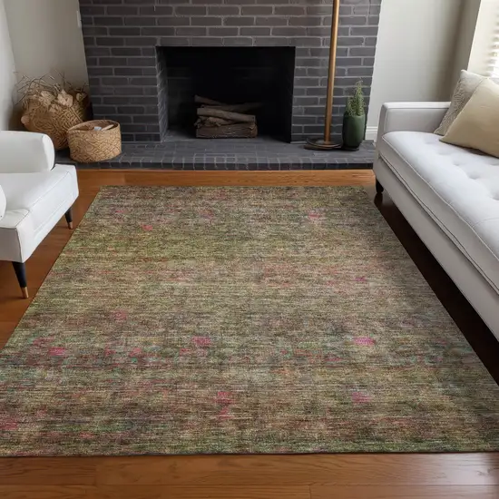 Artichoke Green And Hot Pink Floral Washable Indoor Outdoor Area Rug Photo 7
