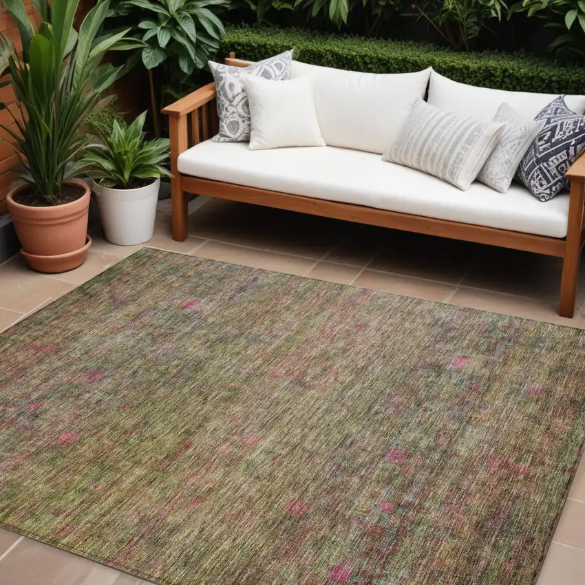 Artichoke Green And Hot Pink Floral Washable Indoor Outdoor Area Rug Photo 1