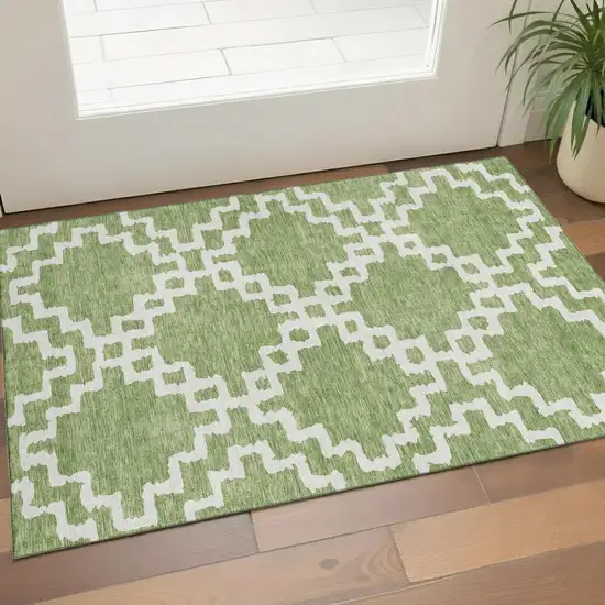 Artichoke Green And Ivory Abstract Geometric Washable Area Rug With UV Protection Photo 1