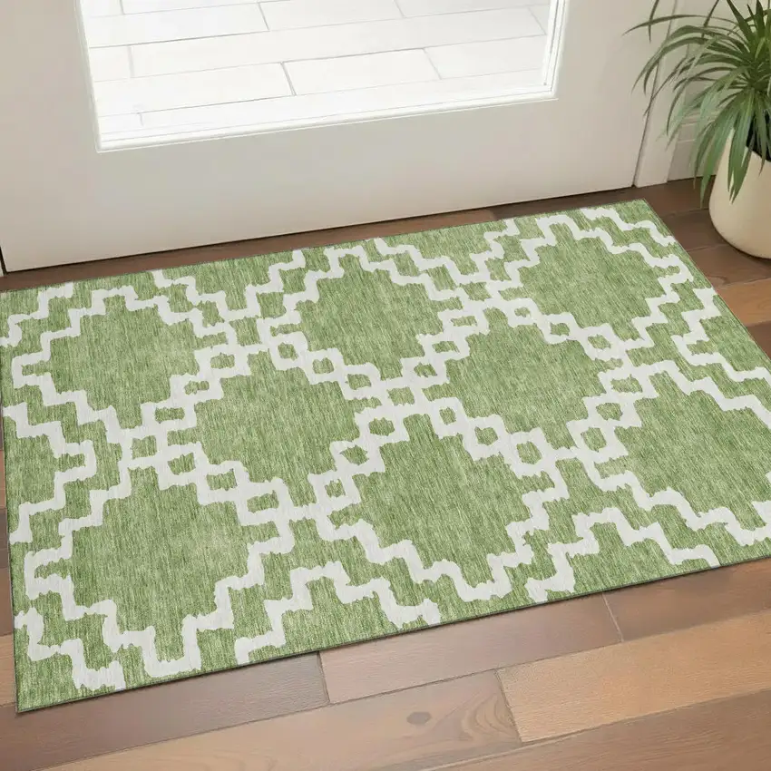Artichoke Green And Ivory Abstract Geometric Washable Area Rug With UV Protection Photo 1
