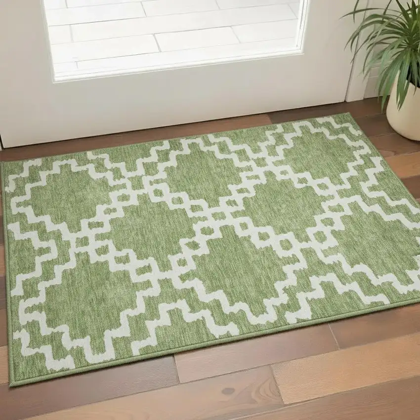 Artichoke Green And Ivory Abstract Geometric Washable Area Rug With UV Protection Photo 2