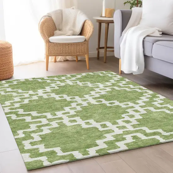 Artichoke Green And Ivory Abstract Geometric Washable Area Rug With UV Protection Photo 5