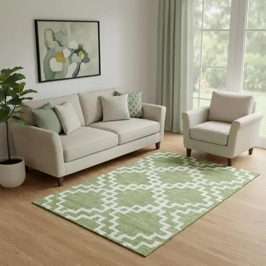 Artichoke Green And Ivory Abstract Geometric Washable Area Rug With UV Protection Photo 1