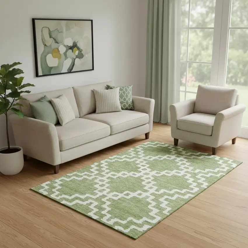 Artichoke Green And Ivory Abstract Geometric Washable Area Rug With UV Protection Photo 1