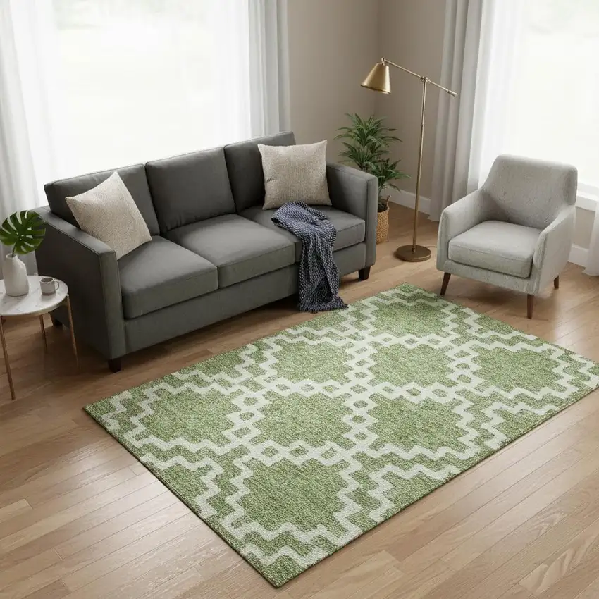 Artichoke Green And Ivory Abstract Geometric Washable Area Rug With UV Protection Photo 2