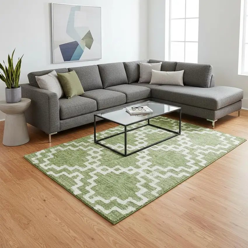 Artichoke Green And Ivory Abstract Geometric Washable Area Rug With UV Protection Photo 2