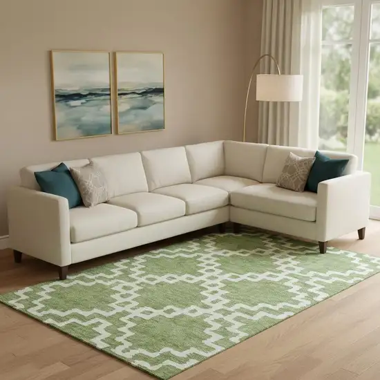 Artichoke Green And Ivory Abstract Geometric Washable Area Rug With UV Protection Photo 1