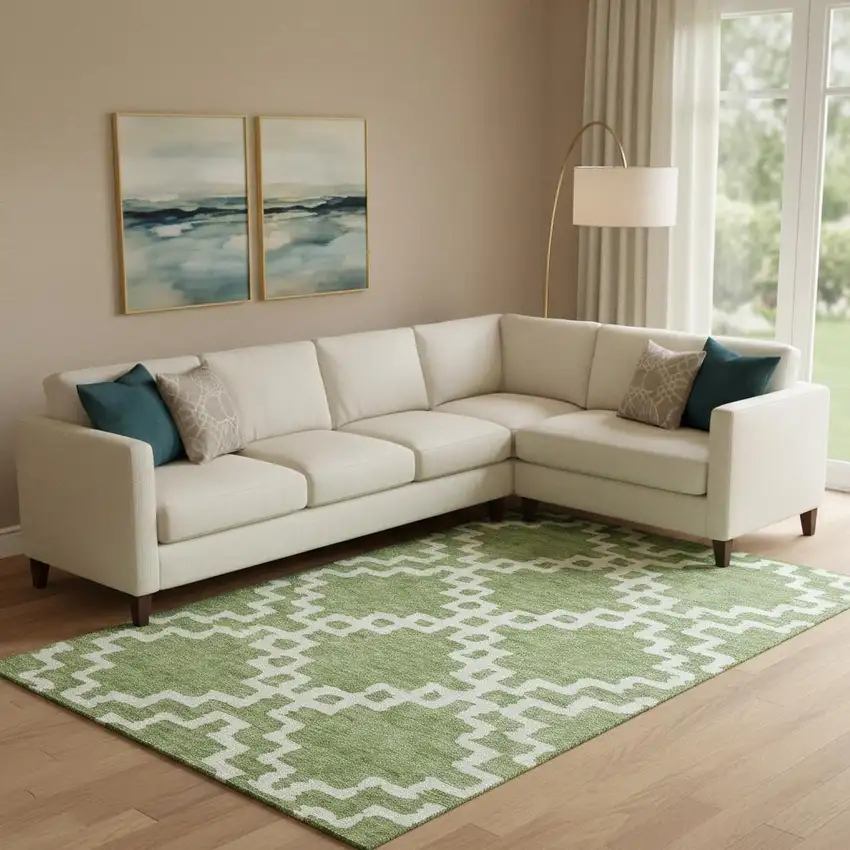 Artichoke Green And Ivory Abstract Geometric Washable Area Rug With UV Protection Photo 1