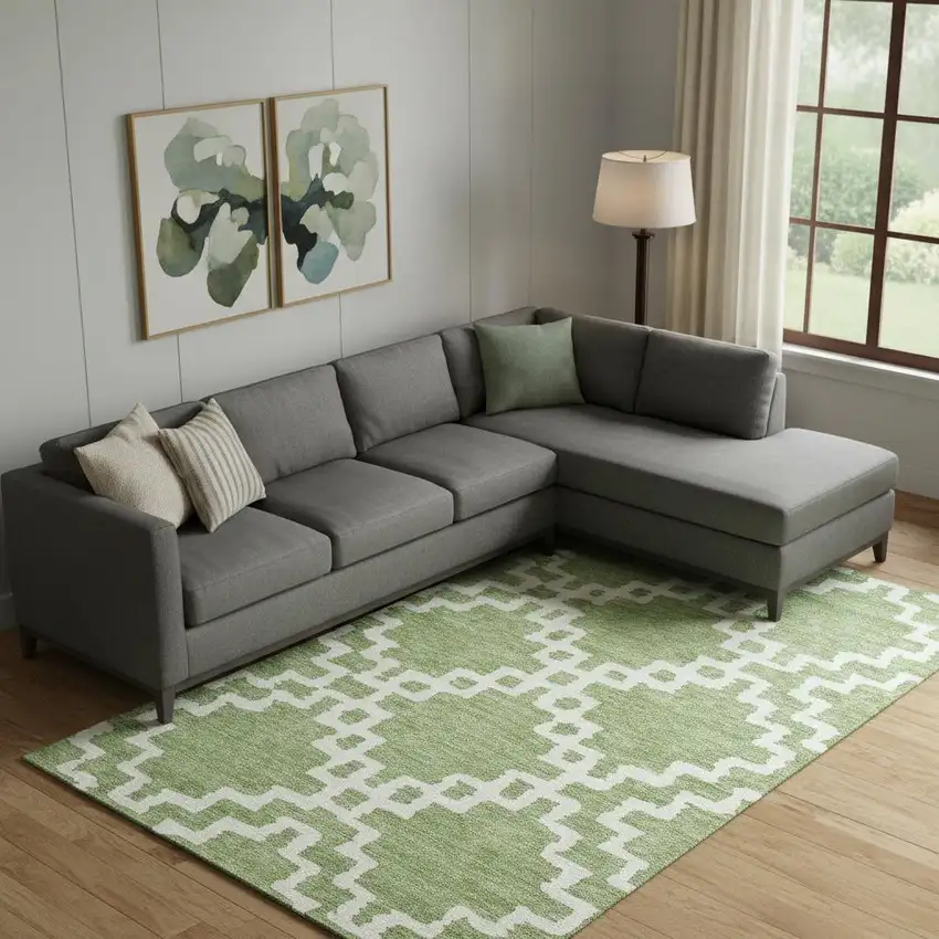 Artichoke Green And Ivory Abstract Geometric Washable Area Rug With UV Protection Photo 1