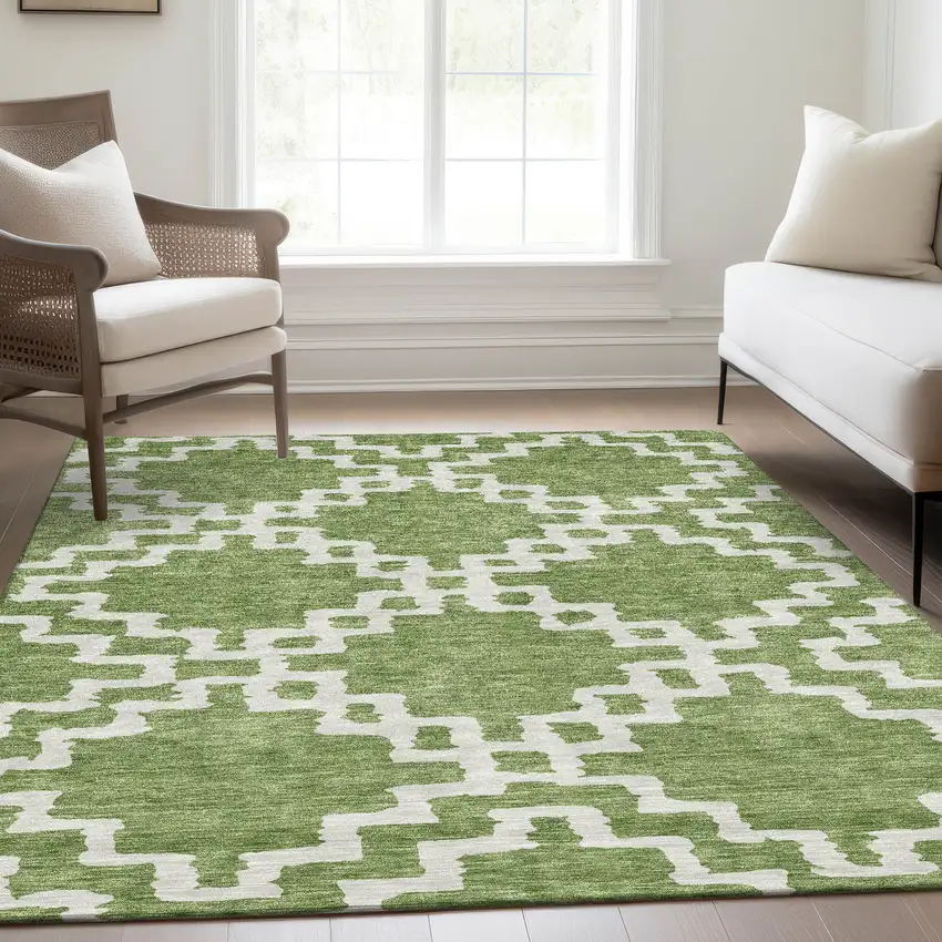 Artichoke Green And Ivory Abstract Geometric Washable Area Rug With UV Protection Photo 6