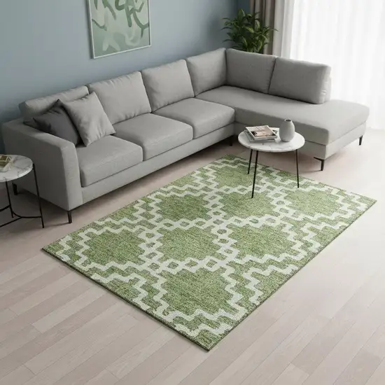 Artichoke Green And Ivory Abstract Geometric Washable Area Rug With UV Protection Photo 2