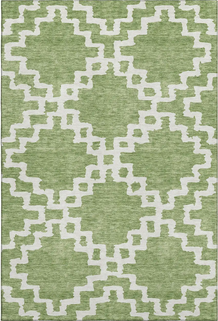 Artichoke Green And Ivory Abstract Geometric Washable Area Rug With UV Protection Photo 1