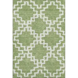 Photo of Artichoke Green And Ivory Abstract Geometric Washable Area Rug With UV Protection