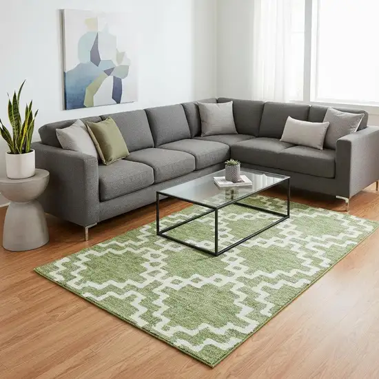 Artichoke Green And Ivory Abstract Geometric Washable Area Rug With UV Protection Photo 2