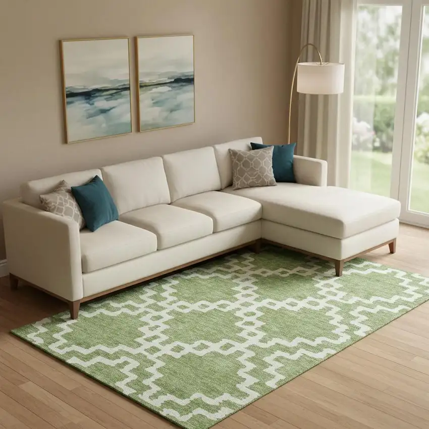 Artichoke Green And Ivory Abstract Geometric Washable Area Rug With UV Protection Photo 1