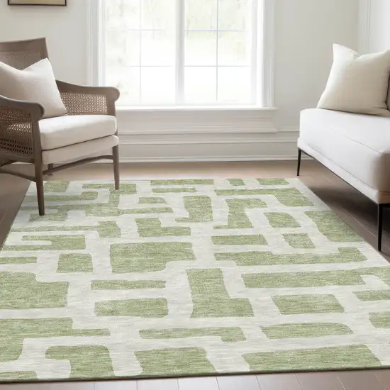 Artichoke Green And Ivory Abstract Geometric Washable Area Rug With UV Protection Photo 6