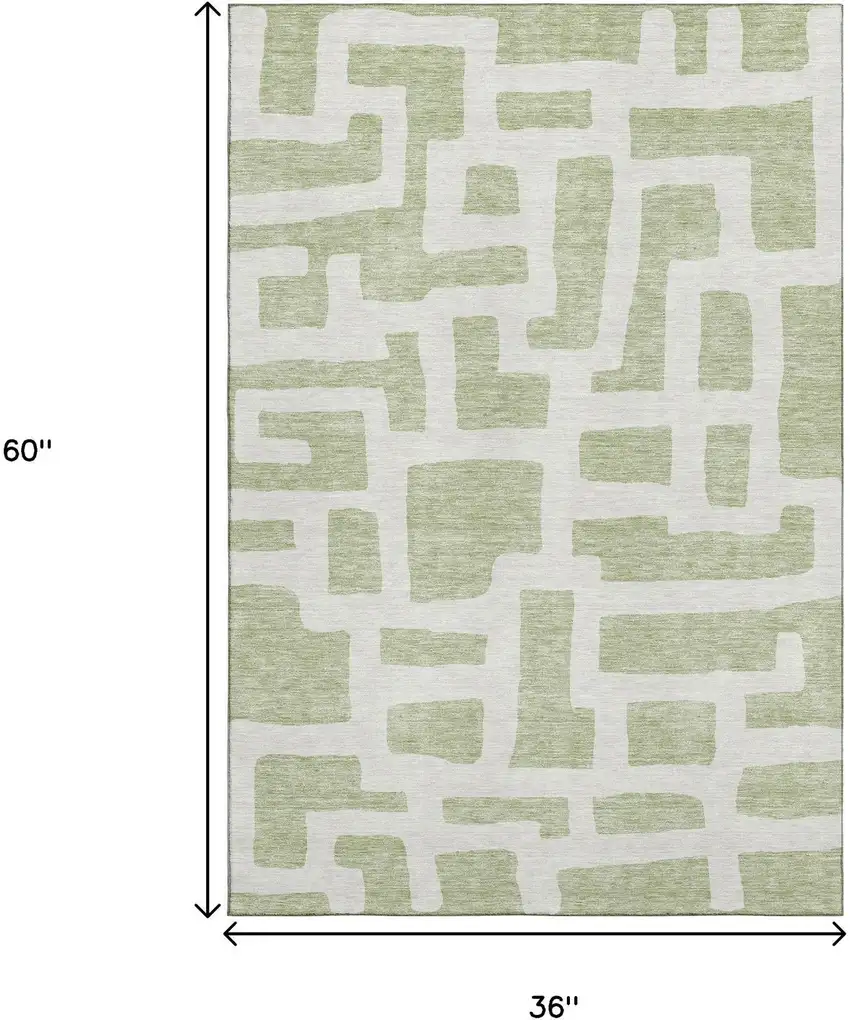 Artichoke Green And Ivory Abstract Geometric Washable Area Rug With UV Protection Photo 3