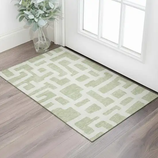 Artichoke Green And Ivory Abstract Geometric Washable Area Rug With UV Protection Photo 1