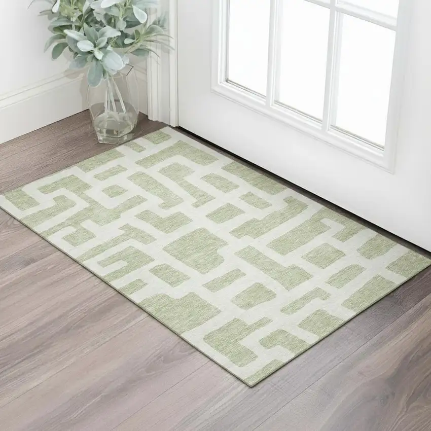 Artichoke Green And Ivory Abstract Geometric Washable Area Rug With UV Protection Photo 1
