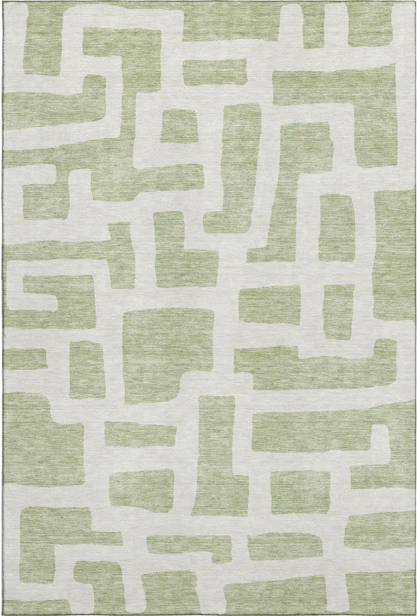 Artichoke Green And Ivory Abstract Geometric Washable Area Rug With UV Protection Photo 1