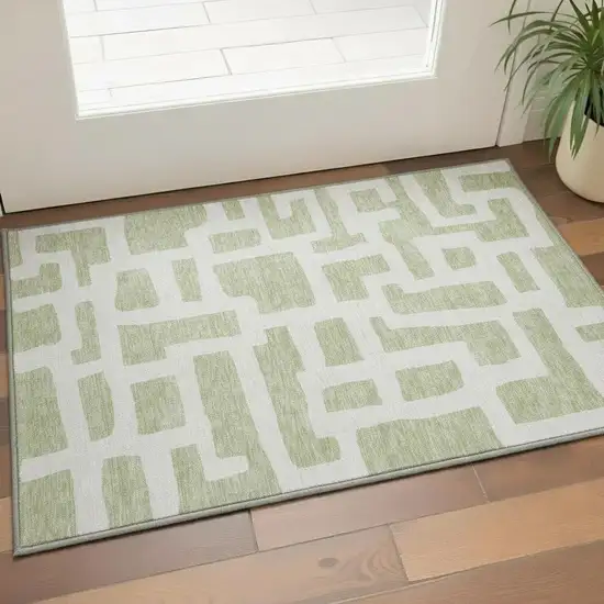 Artichoke Green And Ivory Abstract Geometric Washable Area Rug With UV Protection Photo 2