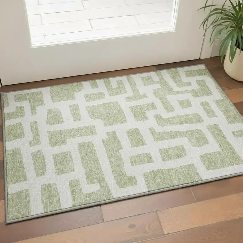 Artichoke Green And Ivory Abstract Geometric Washable Area Rug With UV Protection Photo 2