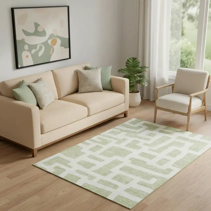 Artichoke Green And Ivory Abstract Geometric Washable Area Rug With UV Protection Photo 1