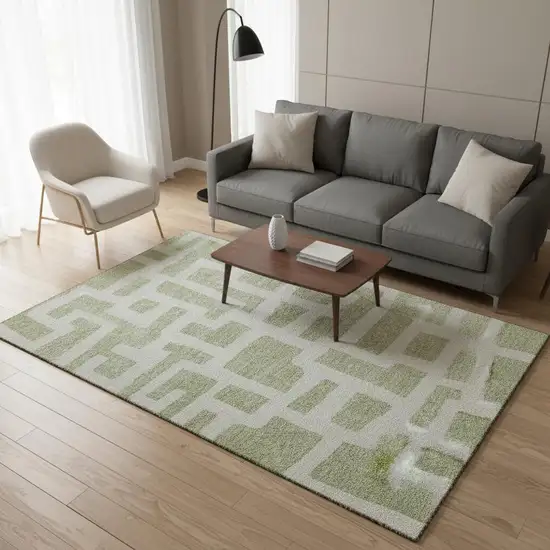 Artichoke Green And Ivory Abstract Geometric Washable Area Rug With UV Protection Photo 2