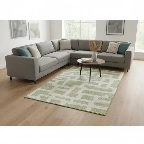 Artichoke Green And Ivory Abstract Geometric Washable Area Rug With UV Protection Photo 2