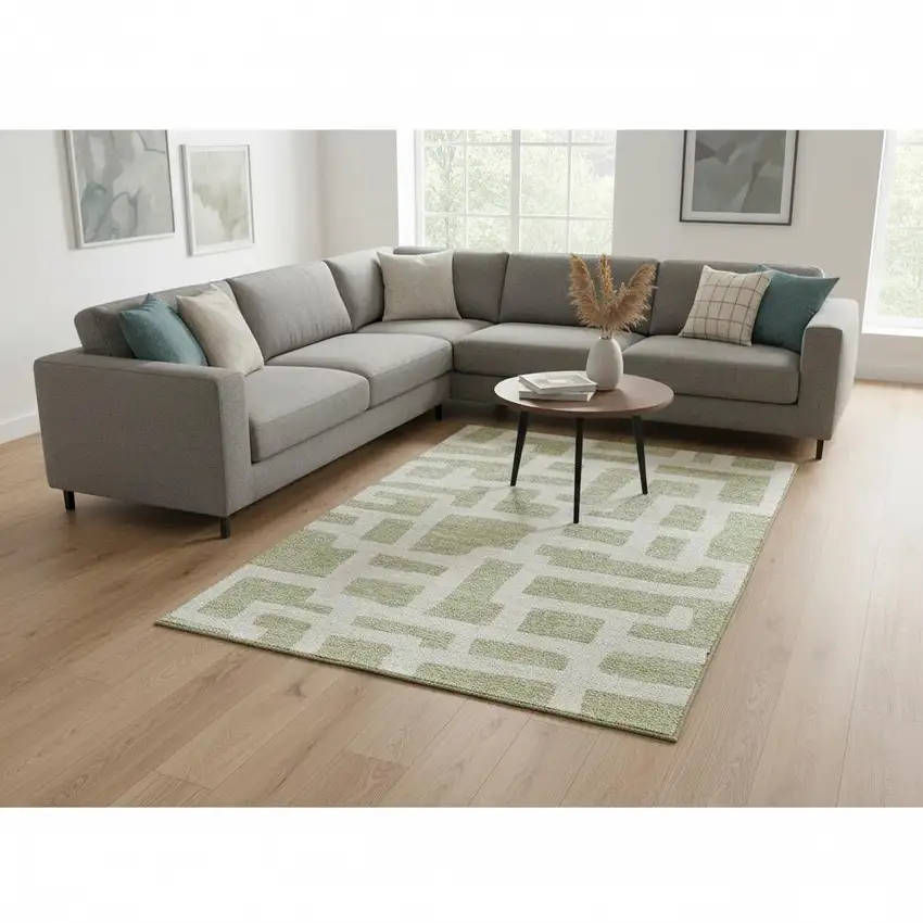Artichoke Green And Ivory Abstract Geometric Washable Area Rug With UV Protection Photo 2